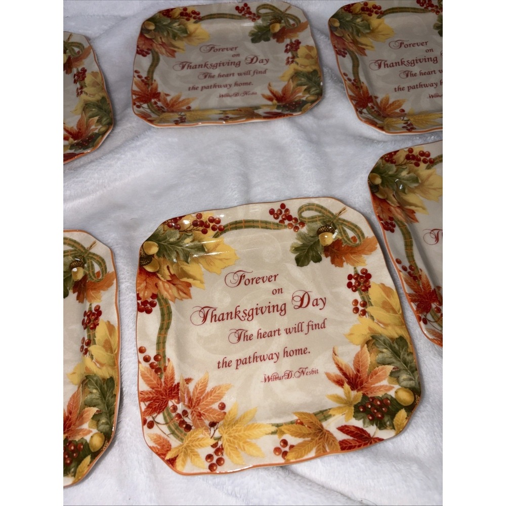 222 Fifth AUTUMN CELEBRATION Forever Square Appetizer Plate Set 8 Thanksgiving - Picture 4 of 9